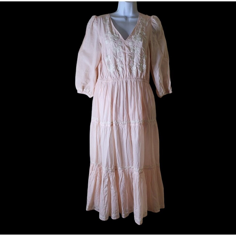 Lucky Brand Prairie Cottage Dress Size M Pink Peach Embroidered Tiered